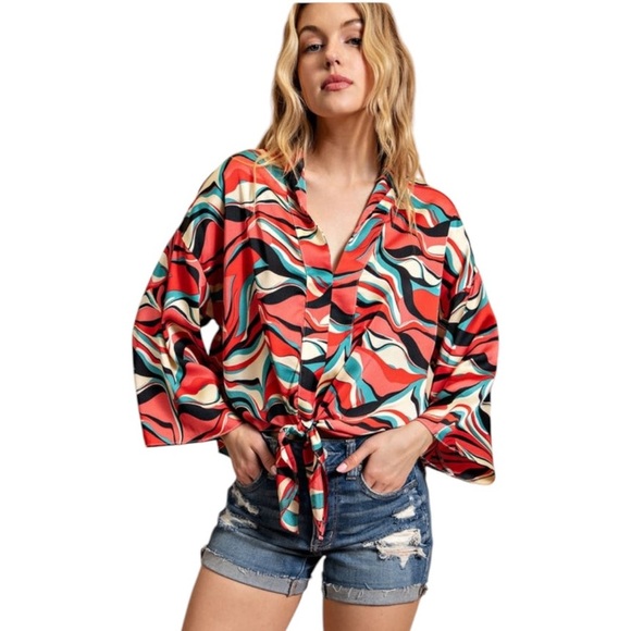 Mandalay and Company Tops - RETRO WAVE TIE ABSTRACT WIDE SLEEVE TOP ( Crimson Tide )